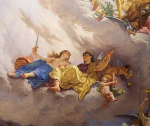 (detail) Allegorie van Italië, fresco door Cesare Mariani, plafond, Zaal van de Meerderheid, Palazzo delle Finanze, Rome