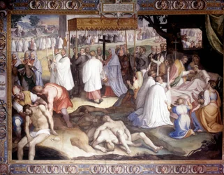 Pest van Milaan: Sint Charles Borromeo (San Carlo Borromeo) (1538 - 1584) communiceert de stervenden. Fresco door Carlo Nebbia in het Borromeo College in Pavia. 16e eeuw