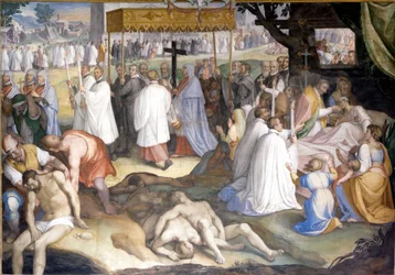Sint Charles Borromeo communiceerde de stervende pestlijders tijdens de pest van 1575 tot 1577 in het lazaret van Milaan. Fresco door Charles Nebbia in het Borromeo College in Pavia (Milaan)