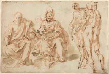 De aanbidding van de herders (pen en bruine inkt met lichtbruine wassing over rood krijt op geschept papier)