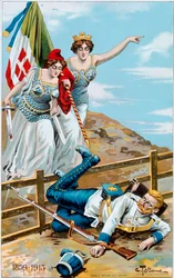 Eerste Wereldoorlog: poster met een allegorie van Italië en Frankrijk die Duitsland over de grens jagen. Illustratie door Cesare Tallone. Privécollectie
