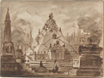 Architecturale fantasie met een piramidevormig mausoleum, ca. 1747 (pen en bruine inkt met bruin gewassen op geschept papier)