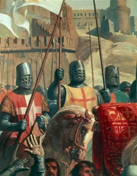 Kruisvaarders, detail uit De slag bij Ascalon tussen Godfried van Bouillon en de Egyptenaren van Al-Afdal