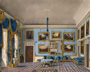 Blauwe fluwelen hal, gravure door Daniel Havell, gebaseerd op ontwerp door Charles Wild, uit The History of the Royal Residences