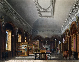 Bibliotheek van de koningin, gravure door Richard Reeve naar tekening van Charles Wild, uit The History of the Royal Residences