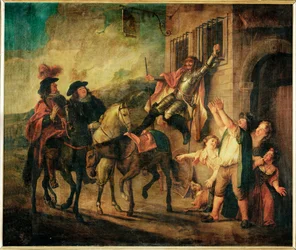 Don Quichotte attache a unse fenetre par la malice de Maritorne - Don Qijote wordt door de boosaardigheid van Maritorne vastgebonden aan een raam ...