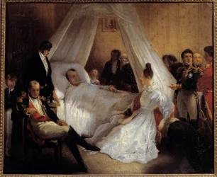 Keizer Napoleon I (1769-1821) op zijn sterfbed 5/05/1821 op het eiland Sint-Helena. Schilderij door Charles Augustus Steuben (1788-1856) 1821. Dim. 0,37x0,45 m. Ile d