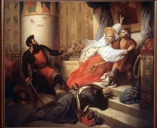De moeder (Nathalie Narychkine) redt Peter I van Rusland (Peter de Grote) als kind tijdens de Streltsy-opstand van 1682, schilderij van Ivan Makarov (1822-1897), olie op doek