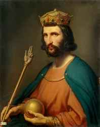 Portret van Hugo Capet (941-996), koning van Frankrijk in 987. Hij houdt een globe en een scepter in zijn hand, symbolen van macht. Schilderij van Charles de Steuben (1788-1856), 19e eeuw. Zon. 0,91 x 0,74 m.