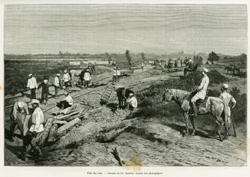 Het leggen van de transcaspische rails. Gravure door Ch. Barbant ter illustratie van het verhaal Voyage a Merv, door Edgar Boulanger, in le tour du monde 1887, onder leiding van Edouard Charton (1807-1890), Hachette, Parijs