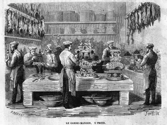 De koude wacht van de keukens van het Palais des Tuileries in 1864 tijdens een receptie onder het Tweede Keizerrijk. Brandgravure.