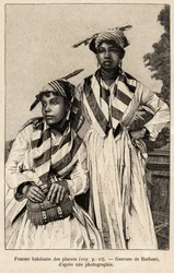 Vrouwen die in goudmijnen wonen, mineraalafzettingen. Gravure door Barbant ter illustratie van het verhaal "chez nos indiens, quatre années de voyage dans la Guiane française"