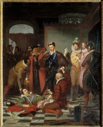 Hendrik III, koning van Frankrijk, duwt het lichaam van Hendrik I van Lotharingen, hertog van Guise, genaamd de Geschonden (1550-1588), na zijn moord in het kasteel van Blois