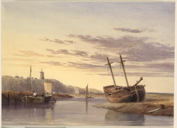 Vissersboten in Rye Harbour, met een windmolen in de verte