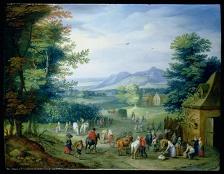 De druivenoogst, figuren in een landschap
