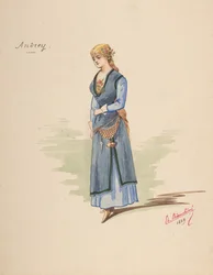 Kostuumontwerp voor Andrey [a], Beschrijvende bladzijde van Accessoires [b], 1889