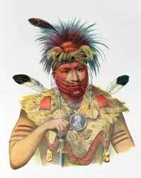 Ne-Sou-A-Quoit, een Fox-opperhoofd, illustratie uit «The Indian Tribes of North America», van Thomas L. McKenney en James Hall, uitgegeven door John Grant