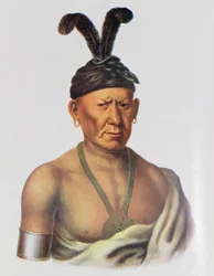 Wakechai of „Gehurkte Adelaar”, een Sauk-opperhoofd, illustratie uit „De indianenstammen van Noord-Amerika, deel 2”, door Thomas L. McKenney en James Hall, uitgegeven door John Grant