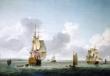 Een schip met twee dekken en een fregat die de Theems (Engeland) opvaren, voor Gravesend