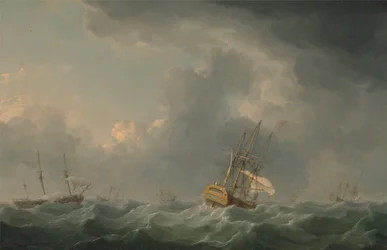 Engelse schepen varen voor een storm