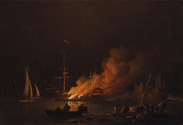 Brandend schip bij nacht, ca. 1756
