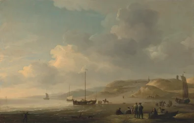 De kust bij Scheveningen met vissende pinken op de kust