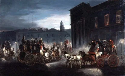 De Edinburgh Mail Coach en Andere Koetsen in een Verlichte Straat
