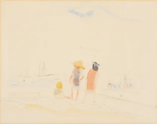 Twee vrouwen en kind op strand