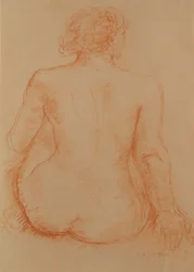 Zittende naakt van achteren (rode krijt op papier)