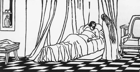Melisande bezoekt Golaud, die in bed ligt na een val van zijn paard, houtsnede door Charles Doudelet voor Pelleas en Melisande door Maurice Maeterlinck, uitgegeven door Claudio Argentieri, Spoleto, Italië