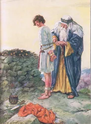 Moet Isaac sterven? illustratie uit Through the Bible, Virtue Publishing, 1928