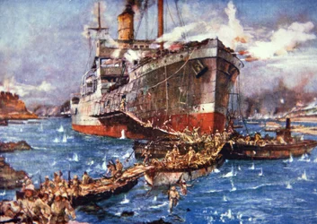 Britse troepen van de River Clyde landen op V Beach, Gallipoli, 25 april 1915