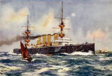 HMS Powerful stoomt het Kanaal op bij haar terugkeer uit Zuid-Afrika