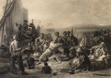 Scène aan de kust van Afrika: slaven en slavendrijvers wachten op transport naar het buitenland