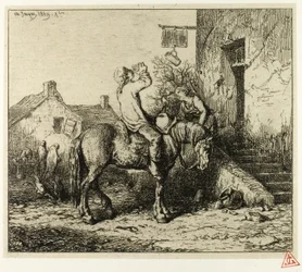 Ingang van een herberg, met drinkende boer