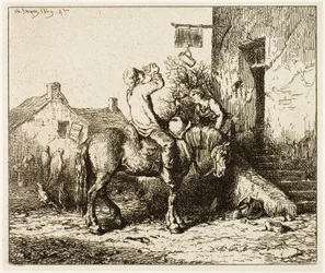 Ingang van een herberg, met drinkende boer