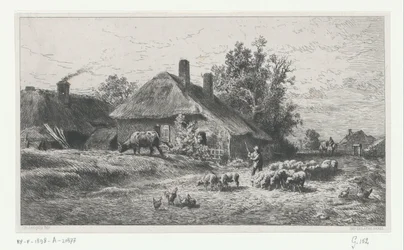 Herder met kudde op een weg langs een boerderij
