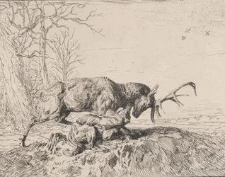 Hert vecht met een Wolf, naar Antoine Louis Barye