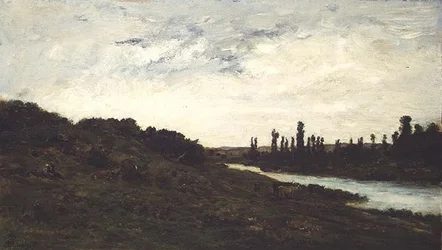 Herders en vee in een bosrijk rivierlandschap