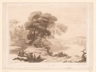 Landschap met herders en vee aan de rand van een rivier