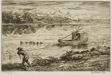 Scheepsjongen trekt aan de lijn (trekt aan het touw)