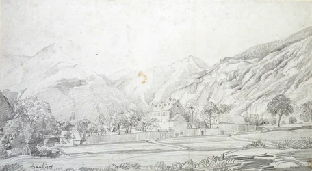 Uitzicht op Gebouwen in een ommuurde Omheining met Bergen op de Achtergrond, midden 19e eeuw