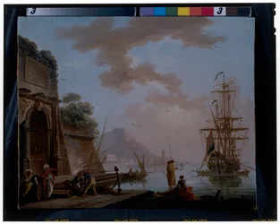 Een mediterrane haven met oosterlingen pratend onder een oude Romeinse boog