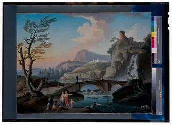 Een Rivierlandschap met Vissers die hun Netten Binnenhalen, een Rotsachtig Landschap en een Voetbrug Verderop