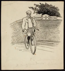Een man op een fiets voor een bord dat de provinciegrens tussen Middlesex en Buckinghamshire markeert