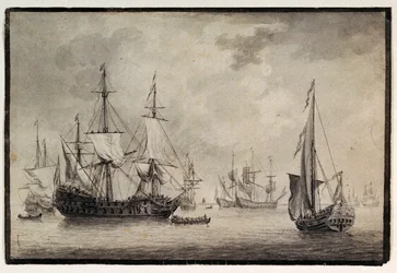 Nederlandse oorlogsschip, staatsjacht en verre schepen in een haven, eind 18e eeuw