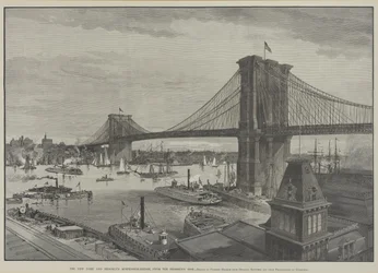 De New York en Brooklyn Suspension Bridge vanaf de Brooklyn kant, late 1800s