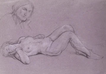 Studie van een liggende naakte vrouwelijke figuur, met een studie van een vrouwshoofd rustend op haar hand