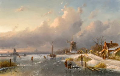Een winterlandschap met molens en schaatsers op een bevroren waterweg, 1840s-50s