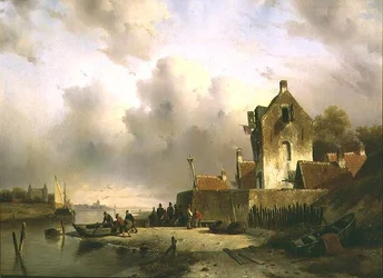 Een estuarium met vissers bij een kade